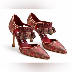 Manolo Blahnik Rare Brocade Tassel D’Orsay Pumps Couture Jacquard Heels EU 38.5